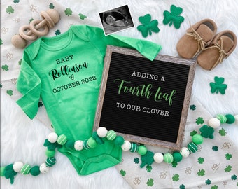 St. Patrick's Day Digital Pregnancy Announcement for Social Media Baby Reveal Expecting-Personalize- Flat Lay-Onesie Letter Board Baby