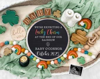 St. Patrick's Day Rainbow Baby Digital Pregnancy Announcement for Social Media-Baby Reveal -Lucky Charm - Flat Lay-Letter Board Baby