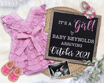 Girl Pregnancy Announcement for Social Media - Digital Letter Board for Gender Reveal or Baby Announcement - Customize & Personalize