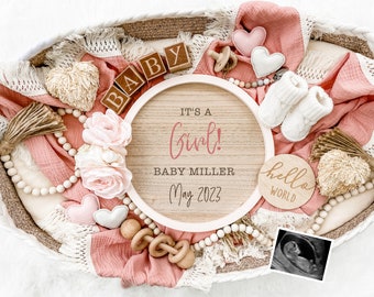 Girl Pregnancy Announcement for Social Media - Digital Letter Board for Boho Gender Reveal or Baby Announcement - Customize & Personalize
