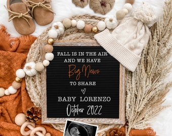 Fall Digital Pregnancy Announcement for Social Media -Baby Reveal Halloween Autumn -Personalize -Flat Lay-Letter Board Baby Announcement
