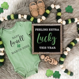 St. Patrick's Day Digital Pregnancy Announcement for Social Media Baby Reveal Expecting-Personalize- Flat Lay-Onesie Letter Board Baby