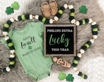 St. Patrick's Day Digital Pregnancy Announcement for Social Media Baby Reveal Expecting-Personalize- Flat Lay-Onesie Letter Board Baby