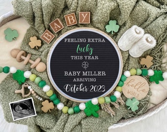 St. Patrick's Day Lucky Digital Pregnancy Announcement for Social Media Baby Reveal Expecting-Personalize- Flat Lay-Onesie Letter Board Baby