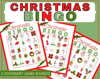 May include: Five printable Christmas Bingo game boards with red and green borders. Each board has a 5x5 grid with images of Christmas-themed items like Santa, reindeer, candy canes, and baubles. The text "Christmas Bingo" is at the top of each board.
