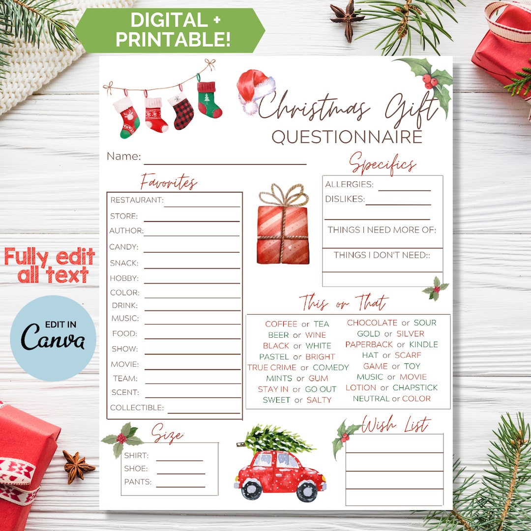 Printable Christmas Gift Exchange Questionnaire for Christmas and