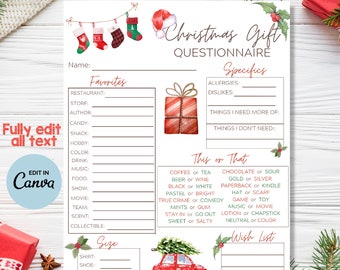 Cuestionario imprimible de intercambio de regalos navideños para la diversión navideña y navideña de Papá Noel -Editable como PDF -2 opciones -También incluye el Papá Noel secreto
