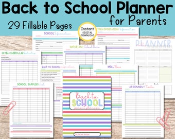 Back to School Planner Printable, Fillable PDF, Printable Organizer for Parents, Editable Binder, Teacher and Student Schedule Organization