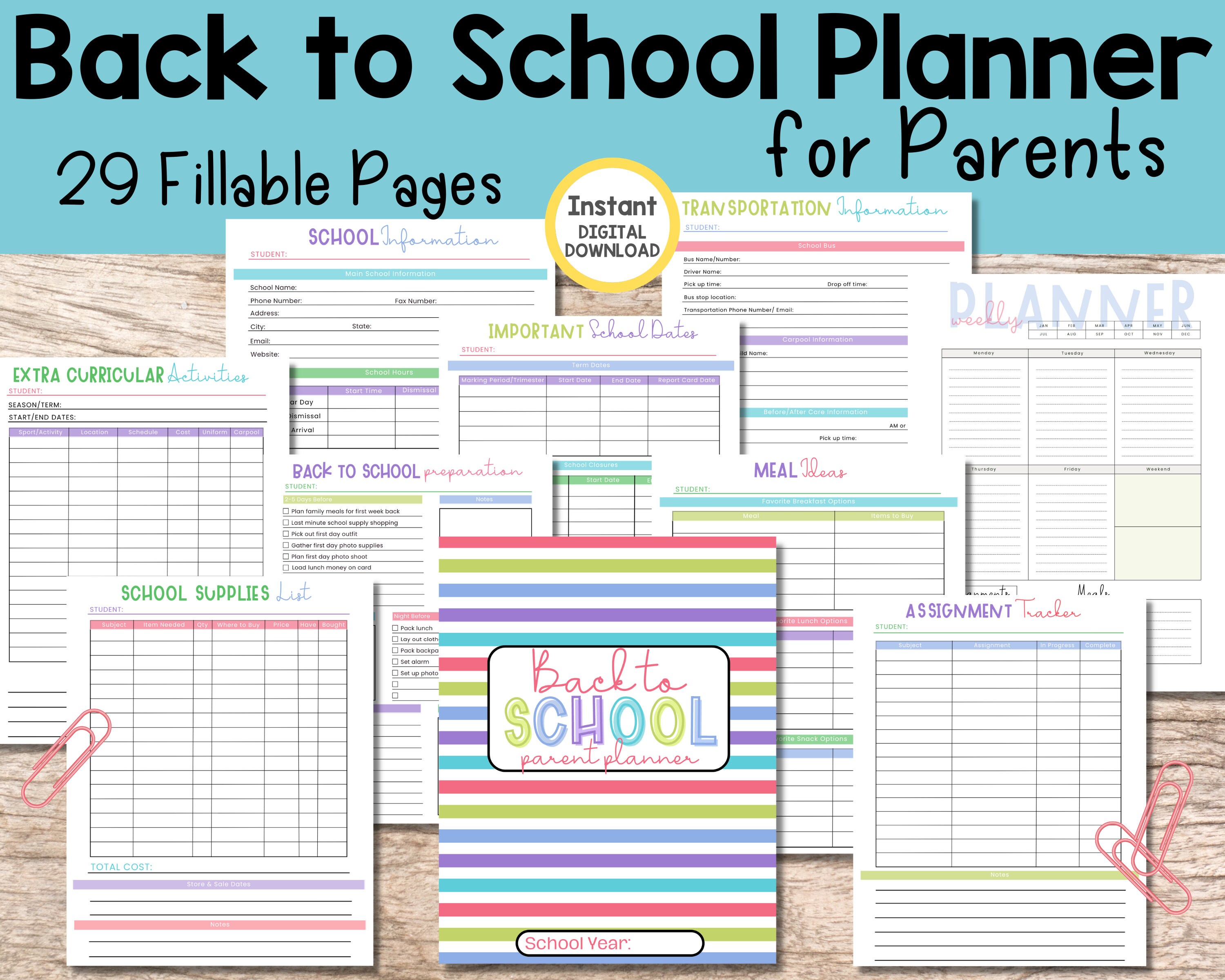 Back to School Planner Printable, Fillable PDF, Printable Organizer for ...