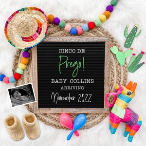 Anuncio de embarazo del Cinco de Mayo Digital - Cartel de anuncio de bebé - Prego Baby Reveal para las redes sociales - Anuncio de embarazo de primavera