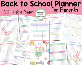 Back to School Planner Printable, Fillable PDF, Printable Organizer for Parents, Editable Binder, Teacher and Student Schedule Organization
