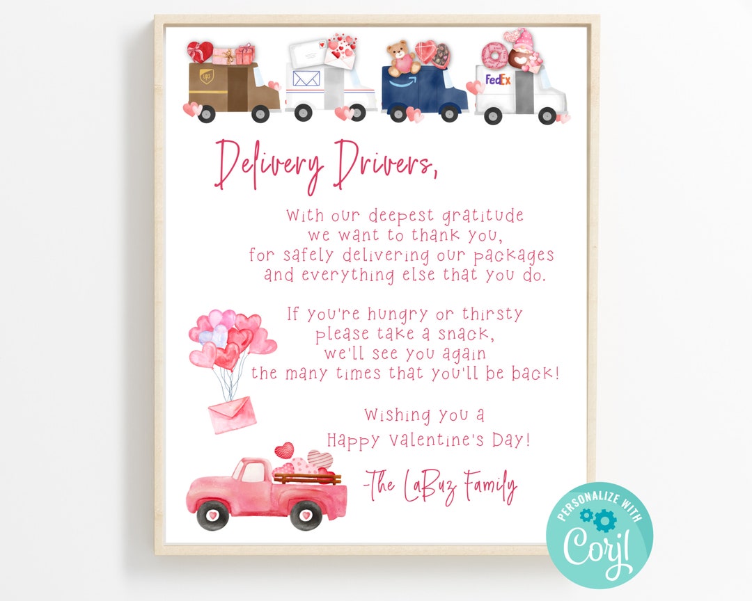 Personalized Delivery Driver Thank You Sign, Valentine's Day Delivery ...