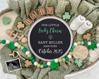 St. Patrick's Day Lucky Digital Pregnancy Announcement for Social Media Baby Reveal Expecting-Personalize- Flat Lay-Onesie Letter Board Baby