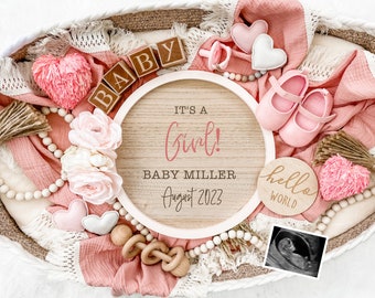 Girl Pregnancy Announcement for Social Media - Digital Letter Board for Boho Gender Reveal or Baby Announcement - Customize & Personalize