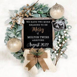 Anuncio de embarazo digital de gemelos de Navidad para las redes sociales - Anuncio de revelación de bebés en espera- Baby Boy Girl- Tablero de cartas
