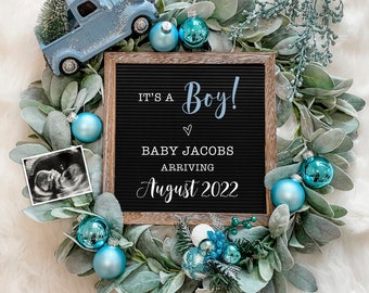 Annonce de grossesse numérique de Noël pour garçon pour les médias sociaux - Révélation de genre - Attente - Panneau de lettre floral Annonce de bébé