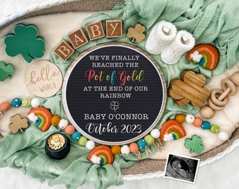 St. Patrick's Day Rainbow Baby Digital Pregnancy Announcement for Social Media-Baby Reveal -Lucky Charm - Flat Lay-Letter Board Baby