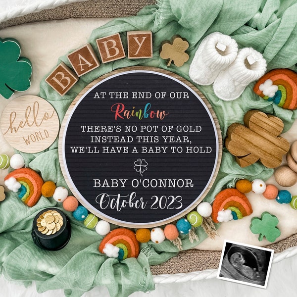 St. Patrick's Day Rainbow Baby Digital Pregnancy Announcement for Social Media-Baby Reveal -Lucky Charm - Flat Lay-Letter Board Baby