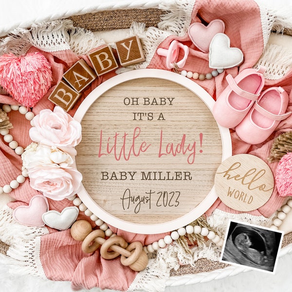 Anúncio de gravidez de menina para mídia social - quadro de carta digital para revelação de gênero Boho ou anúncio de bebê - personalizar e personalizar