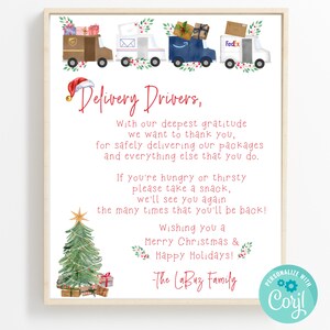 Puede incluir: Una impresión enmarcada con un tema navideño. La parte superior presenta ilustraciones de camiones de reparto que transportan regalos. El texto dice "Delivery Drivers" e incluye un mensaje de agradecimiento, un árbol de Navidad y las palabras "Merry Christmas & Happy Holidays!"