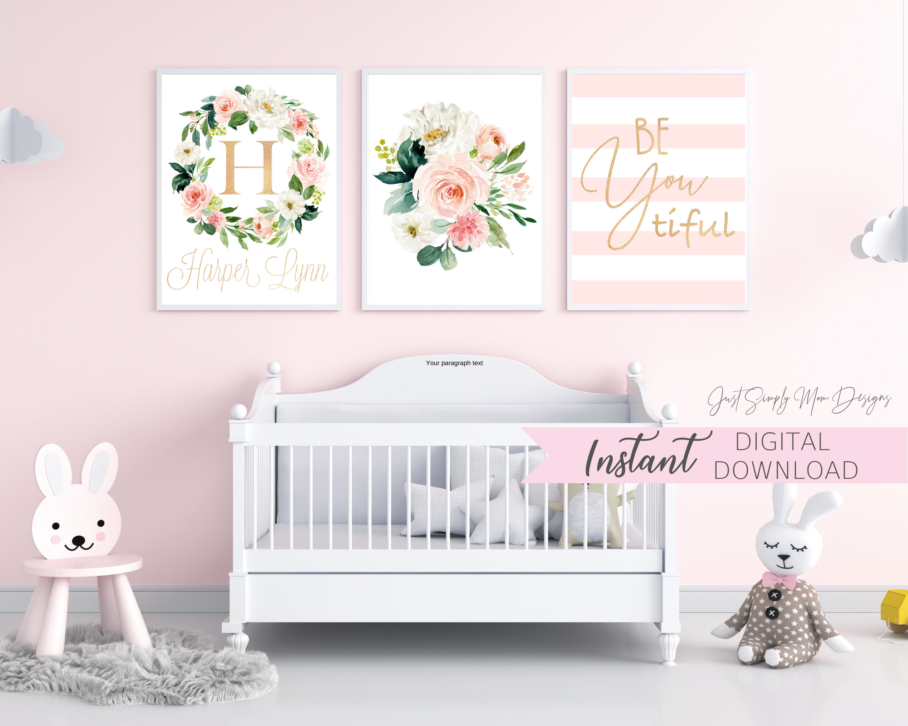 Blush Pink Floral Nursery Wall Decor for Baby Girl Nursery Etsy