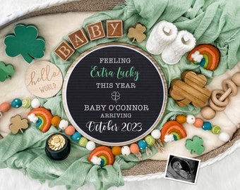 St. Patrick's Day Rainbow Baby Digital Pregnancy Announcement for Social Media-Baby Reveal -Lucky Charm - Flat Lay-Letter Board Baby