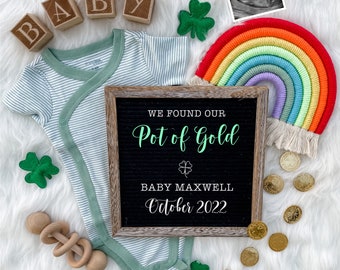 St. Patrick's Day Digital Pregnancy Announcement for Social Media Baby Reveal Expecting-Personalize- Flat Lay-Onesie Letter Board Baby