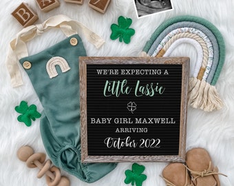 St. Patrick's Day Digital Pregnancy Announcement for Social Media Baby Girl Reveal Expecting-Personalize- Flat Lay-Onesie Letter Board Baby