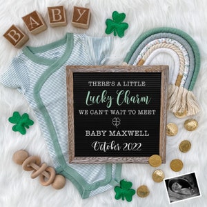 St. Patrick's Day Digital Pregnancy Announcement for Social Media Baby Reveal Expecting-Personalize- Flat Lay-Onesie Letter Board Baby