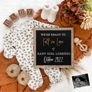 Fall Digital Pregnancy Announcement for Social Media -Baby Girl Reveal Halloween Autumn-Personalize -Flat Lay Letter Board Baby Announcement