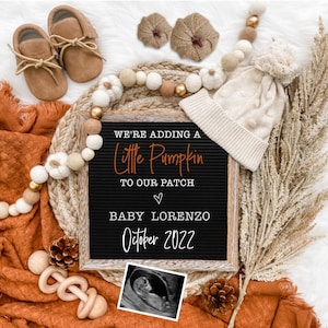 Fall Digital Pregnancy Announcement for Social Media -Baby Reveal Halloween Autumn -Personalize -Flat Lay-Letter Board Baby Announcement