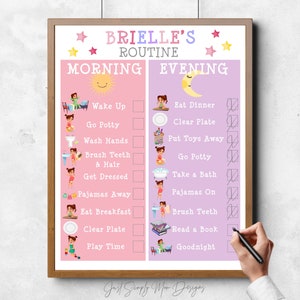 Toddler Girl Daily Routine Chart Checklist-Printable Morning & Bedtime Chart-Download Print-Pink and Purple Motivation for Wake Up and Sleep