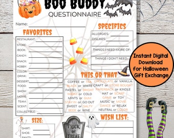 Cuestionario imprimible de intercambio de regalos de Halloween Boo Buddy para diversión espeluznante: obsequielo a compañeros de trabajo, amigos y vecinos