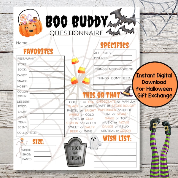 Druckbarer Halloween Boo Buddy Geschenk-Austausch-Fragebogen für Spooky Fun - Geben Sie an Kollegen, Freunde und Nachbarn