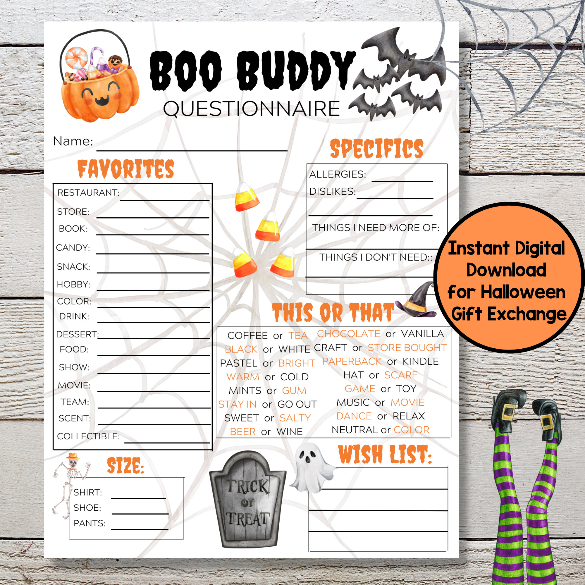 Printable Halloween Boo Buddy Gift Exchange Questionnaire for Spooky Fun- Give to Coworkers, friends, and neighbors