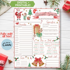 Cuestionario imprimible de intercambio de regalos de Papá Noel secreto para Navidad y diversión de Papá Noel durante las fiestas - Editable como PDF - 2 opciones para regalo de Navidad