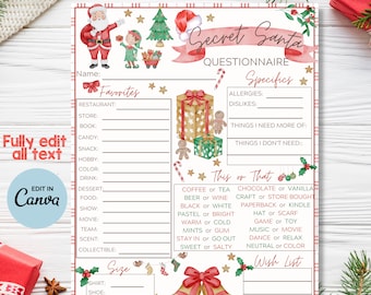 Printable Secret Santa Gift Exchange Questionnaire for Christmas and Holiday Santa Fun - Editable as a PDF - 2 Options for Christmas Gift