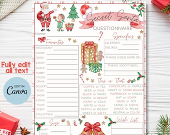 Cuestionario imprimible de intercambio de regalos de Papá Noel secreto para Navidad y diversión de Papá Noel durante las fiestas - Editable como PDF - 2 opciones para regalo de Navidad