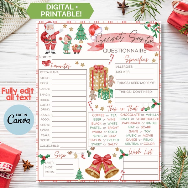 Printable Secret Santa Gift Exchange Questionnaire for Christmas and Holiday Santa Fun - Editable as a PDF - 2 Options for Christmas Gift