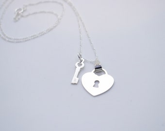 Sterling Silver Heart & Key Necklace, Figaro Chain