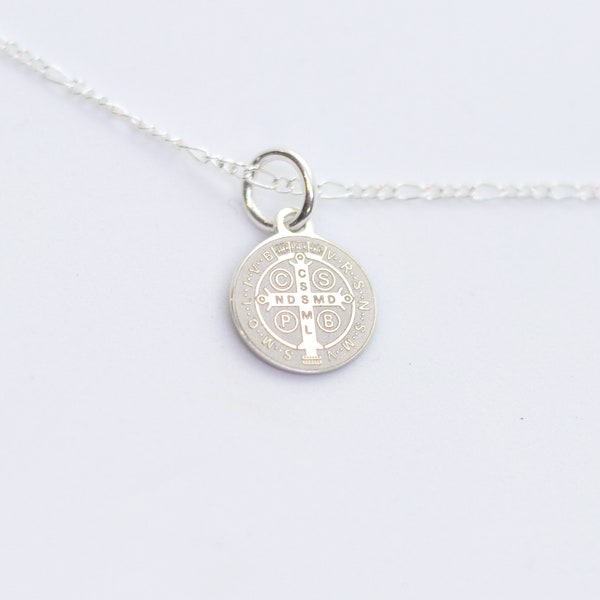 Sterling Silver Saint Benedict Medal Necklace, Handmade Figaro Chain