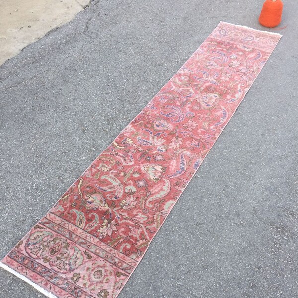 Runner Rug, 2.0x10.0 ft, Muted Rug, Hallway Rug, Oushak Rug, Turkish Rug, Floral Rug, Vintage Rug, Boho Rug, Kitchen Rug, Blue Rug, Long Rug