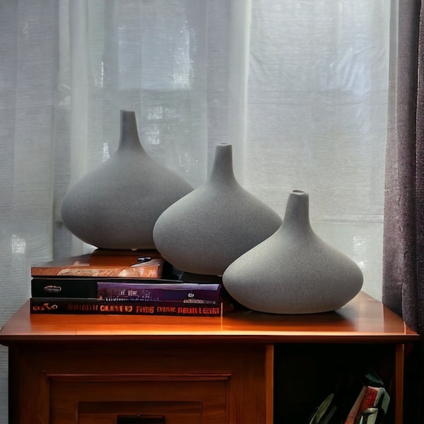Set of 3 Matte Ceramic, Handmade Ceramic Vase, Black Ceramic Vase, Table Decor, Gift for Mother, Modern Home Decor, Stone Texture, Clay Vase