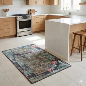 May include: A rectangular area rug with an abstract design in shades of blue, green, brown, and pink. The rug is placed on a tiled floor in a kitchen setting, with wooden cabinets and a stainless steel oven visible in the background.