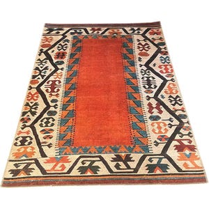 Alfombra Kilim Design, lavable, color naranja y azul, tejido plano geométrico turco, alfombra moderna estampada, disponible en varios tamaños: 5x8, 4x6 y 2x3.