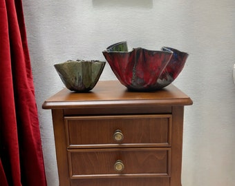 2 Stoneware Bowls, Handmade Stoneware Bowls, Red and Green Bowls