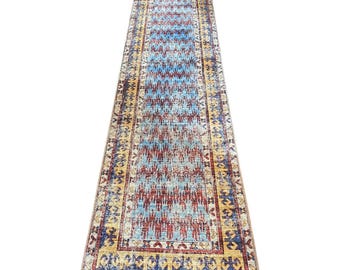 Printed Turquoise Hallway Runner Rug: Vintage Turkish Design (2.6x10)