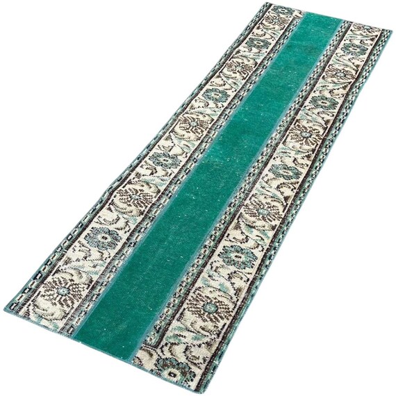 ヴィンテージグリーンウールランナーラグ：手作りトルコオリエンタル