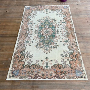 Green Rug, 3.9x6.2 ft Vintage Rug, 4x6 Beige Rug, Turkish Area Rug, Handmade Wool Rug, Diningroom Rug, Faded Rug, Oushak Rug, Home Gift Rug