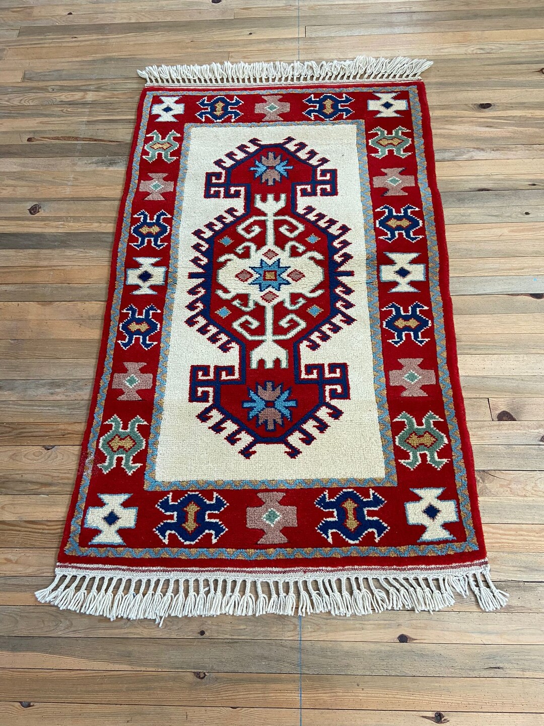 Vintage Red Rug, 3.05x4.9 Ft Red Small Rug, 3x5 White Rug, Turkish Area